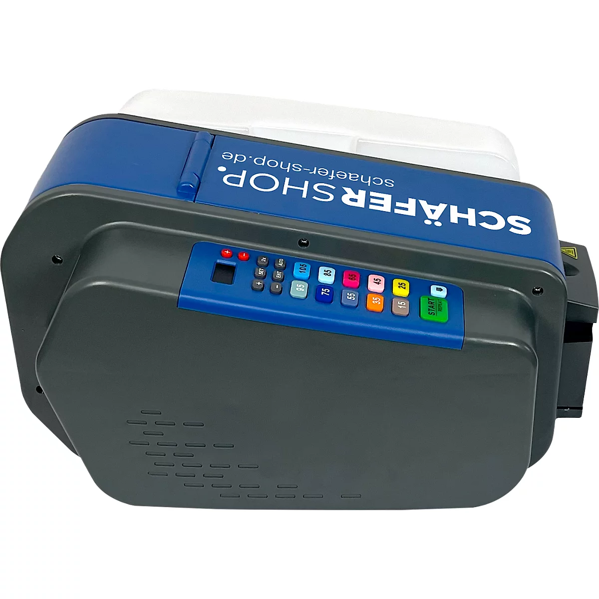 Grauer Antrieb mit blauen und weißen Elementen, Bedienfeld mit farbigen Knöpfen, Schriftzug: SCHÄFERSHOP.