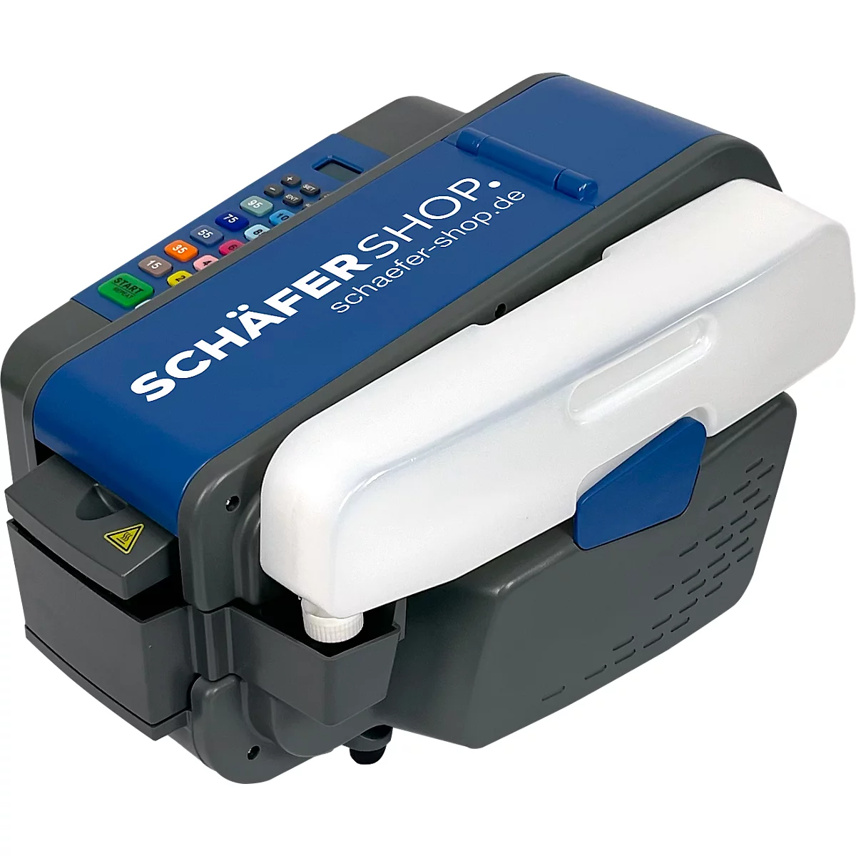 Blau-graues Tischgerät zur Herstellung von Klebestreifen. Der Schriftzug "SCHÄFERSHOP" ist deutlich erkennbar.
