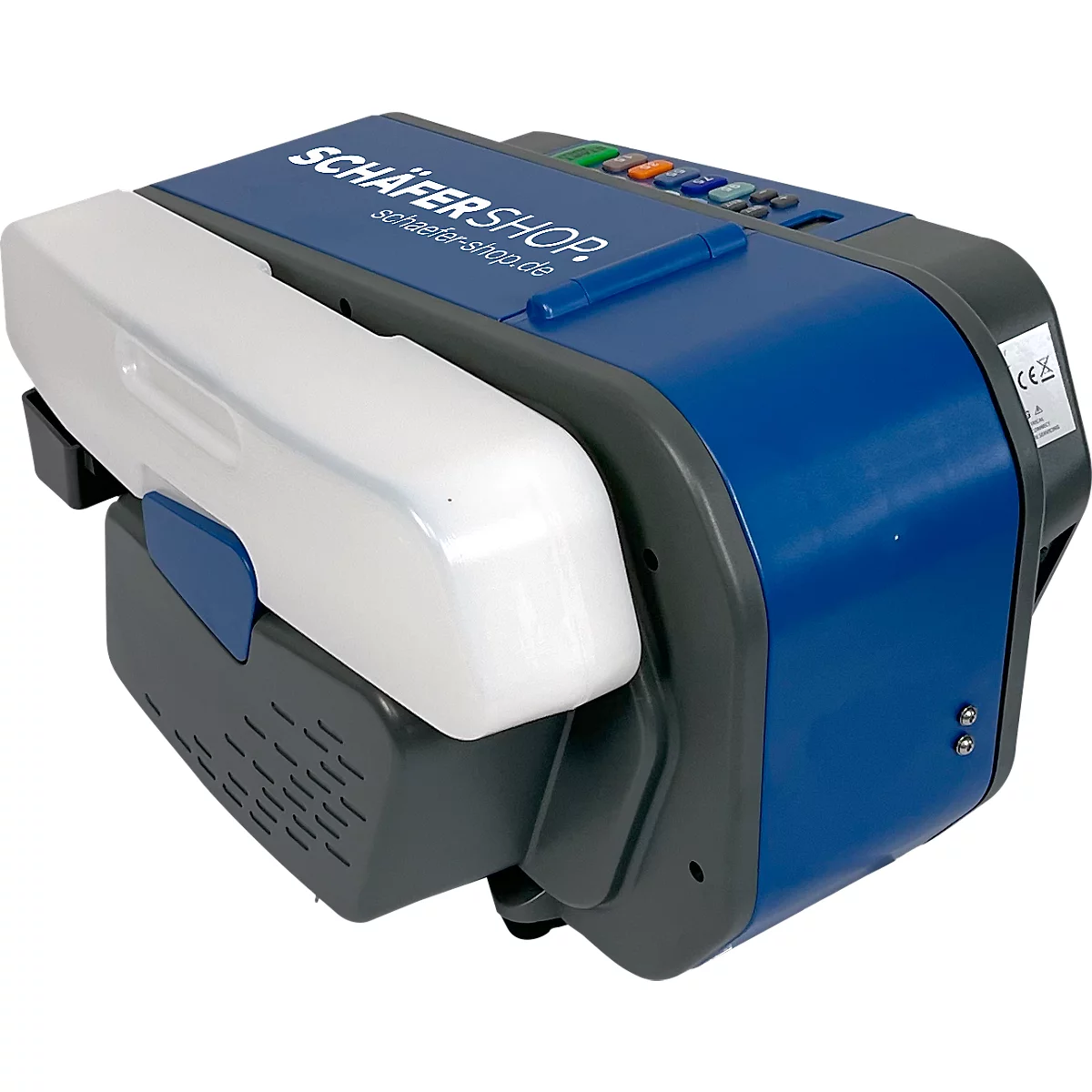 Blau-graues, elektronisches Gerät mit weißem Aufsatz und Schriftzug „Schäfer Shop“. Bedienfeld mit Knöpfen.