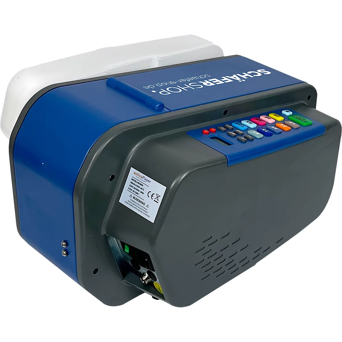 Blau-graues elektronisches Gerät. Aufschrift "SCHÄFERSHOP". Knöpfe in verschiedenen Farben.