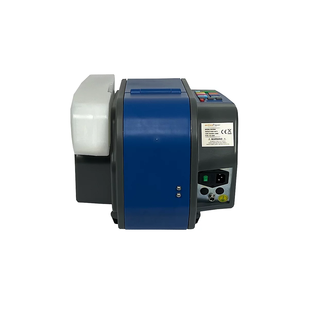 Blau-grauer Packbandabroller, Aufkleber mit Schriftzug.