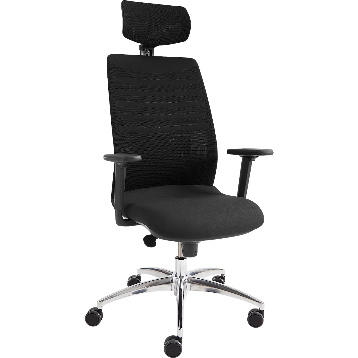 Black office chair with high back, headrest and armrests on a silver frame.