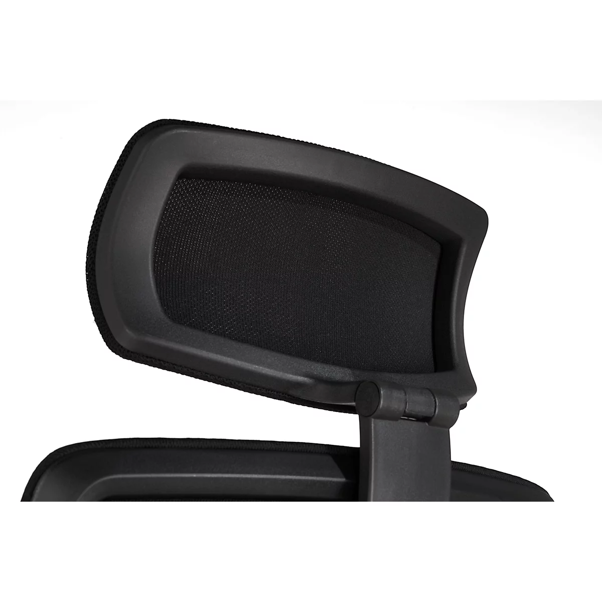 Close-up of a black office chair, focusing on the headrest. It has a mesh fabric and a plastic frame.