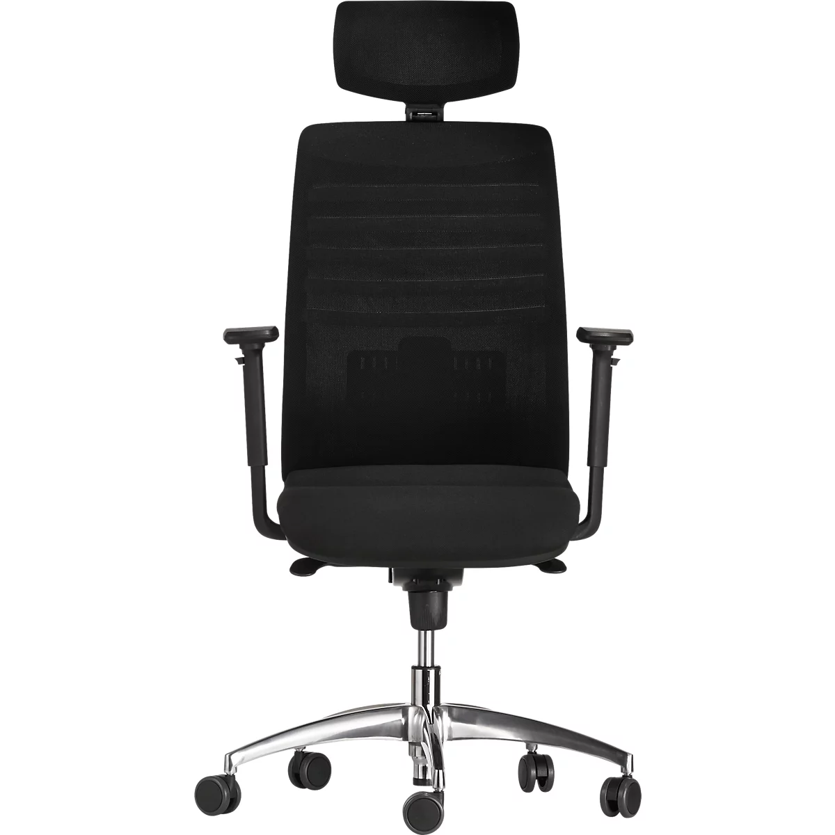 Black office chair with adjustable headrest, armrests and wheels. The frame is silver.