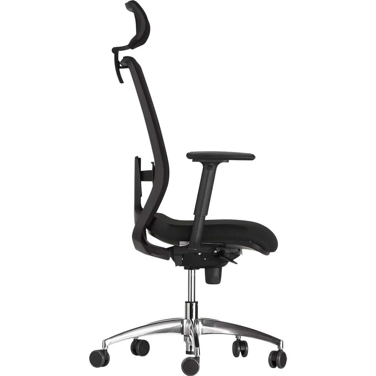 Black office chair, adjustable backrest, armrests, and headrest, metallic base.