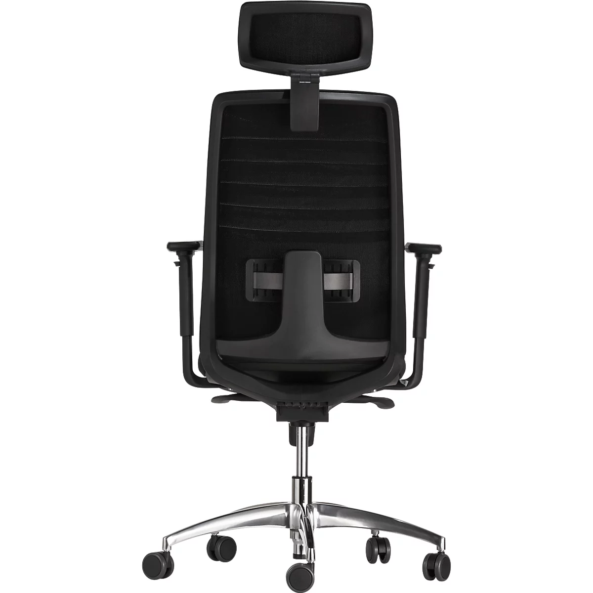 Black office chair, rear view. Adjustable headrest, mesh back, silver frame with casters.