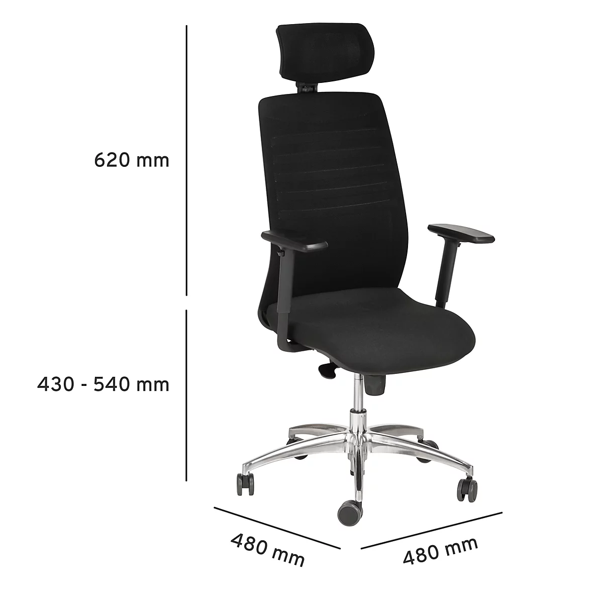 Black office chair with headrest, armrests, and silver base. Dimensions: 620 mm height, 430-540 mm seat height, 480 mm x 480 mm.