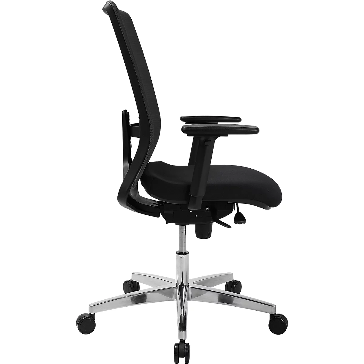 Black office chair in profile, with mesh backrest, armrests and silver base.