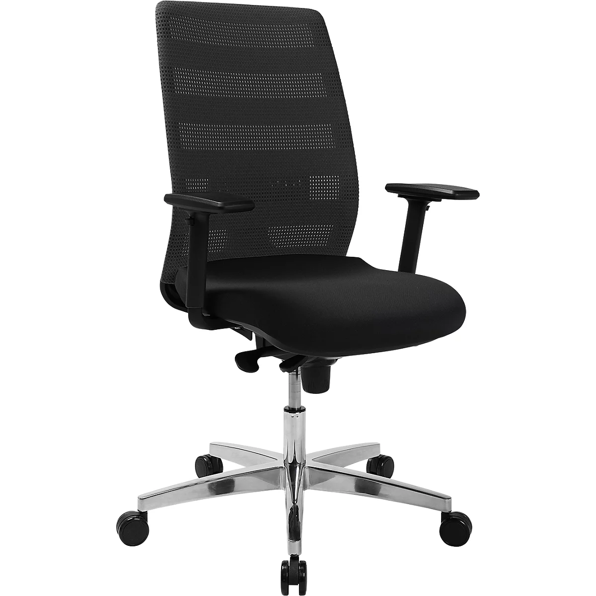 Black office chair with mesh back, armrests and castors against a white background.