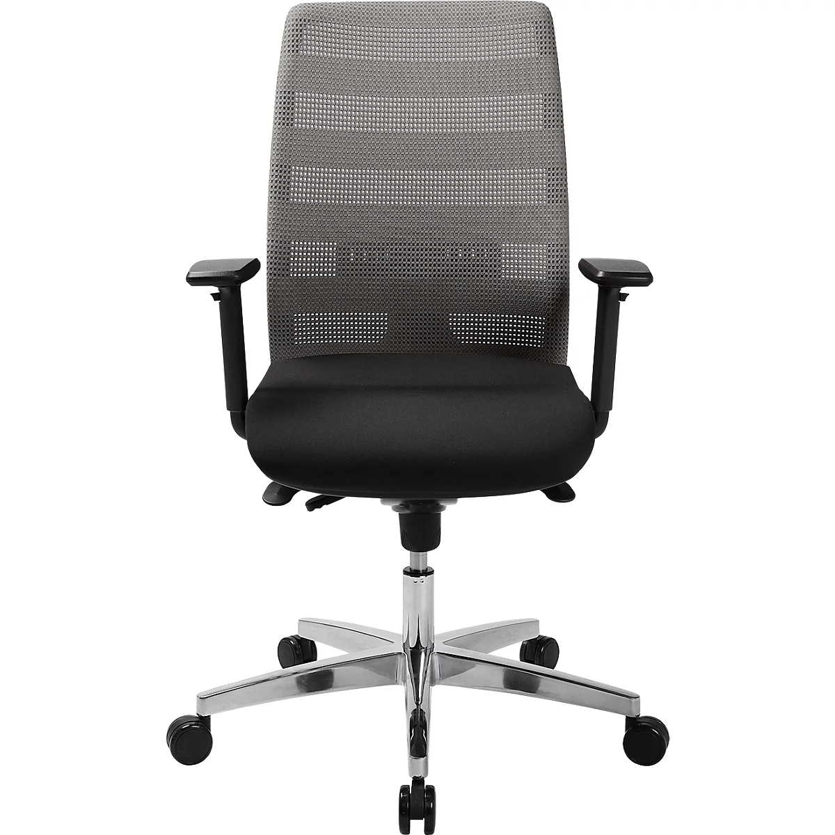 Black office chair with mesh backrest, armrests, and silver legs.