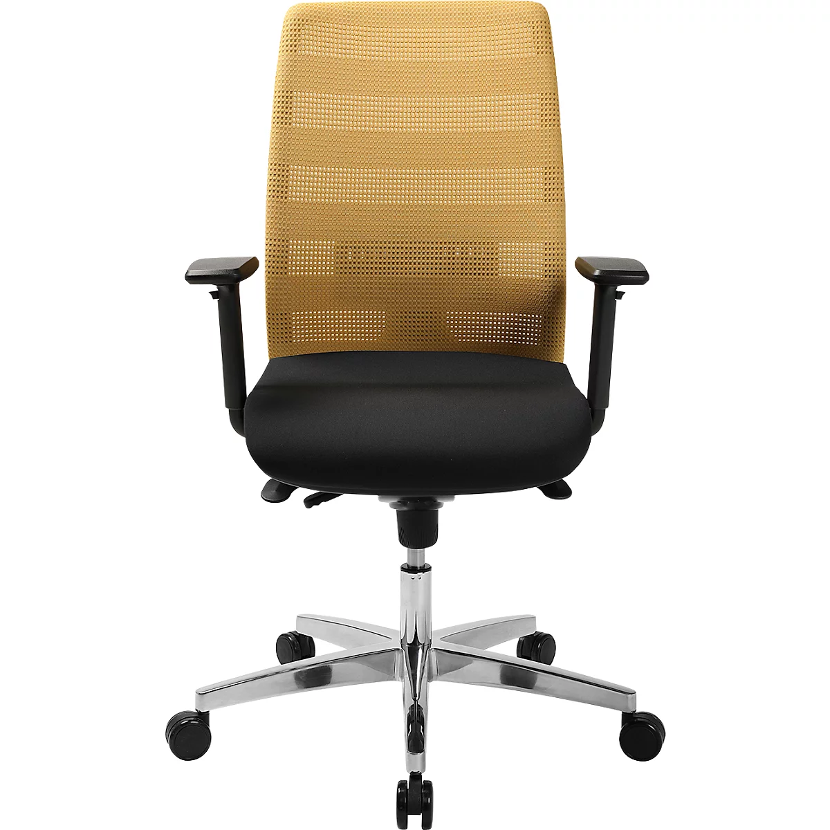 Office chair with yellow mesh back, black seat, black armrests and silver base.
