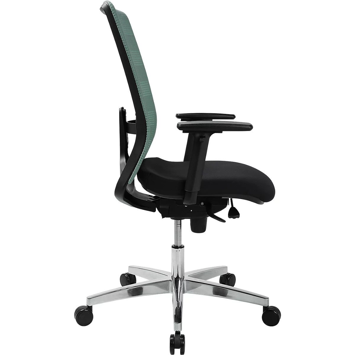 Side view of an office chair. Black seat, green mesh back, silver frame and armrests.