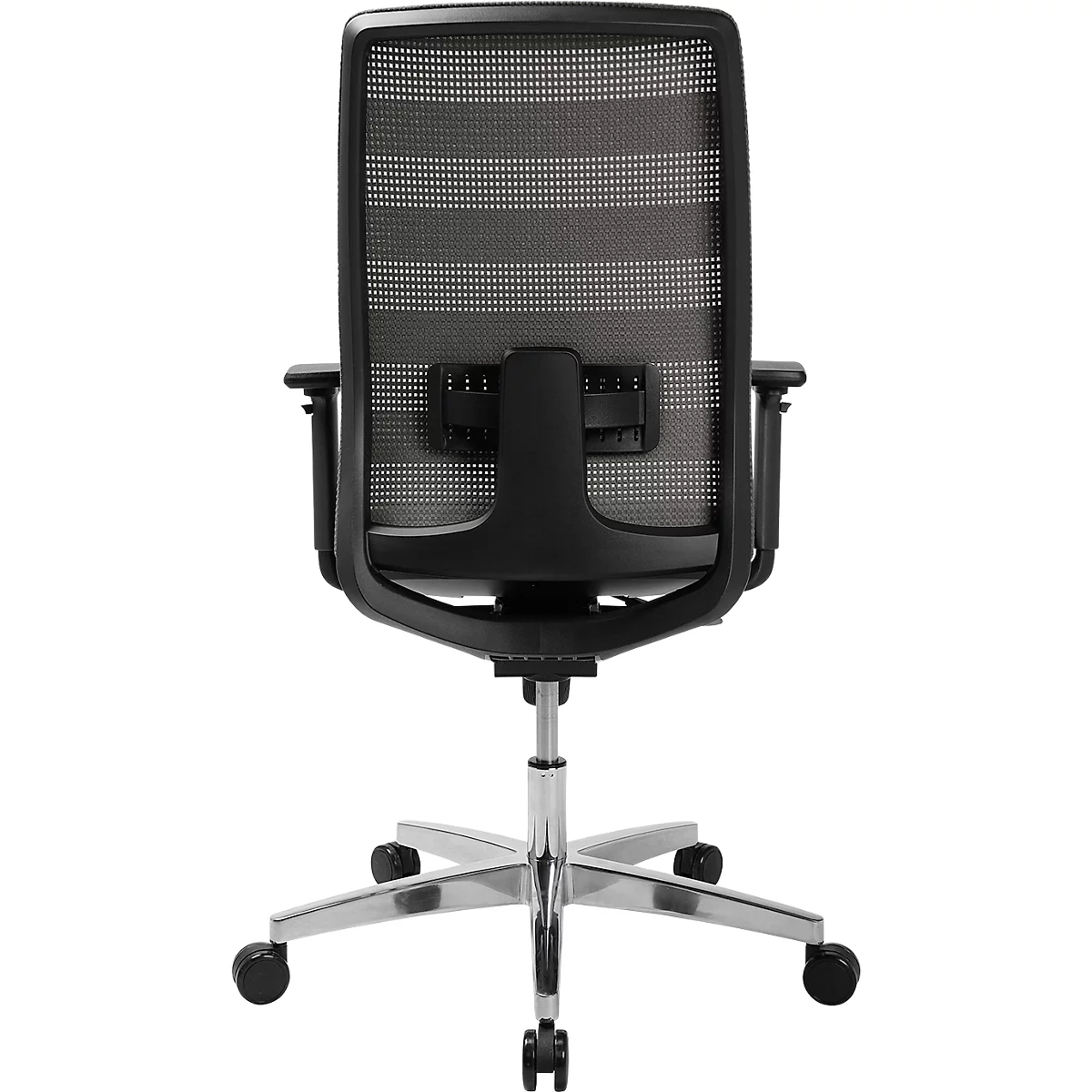 Office chair, rear view. Black mesh back, armrests, chrome base, and wheels.