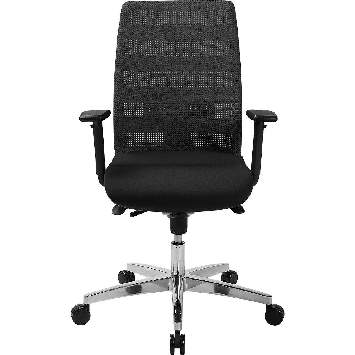 Black office chair with mesh back, adjustable armrests, chrome base and castors.