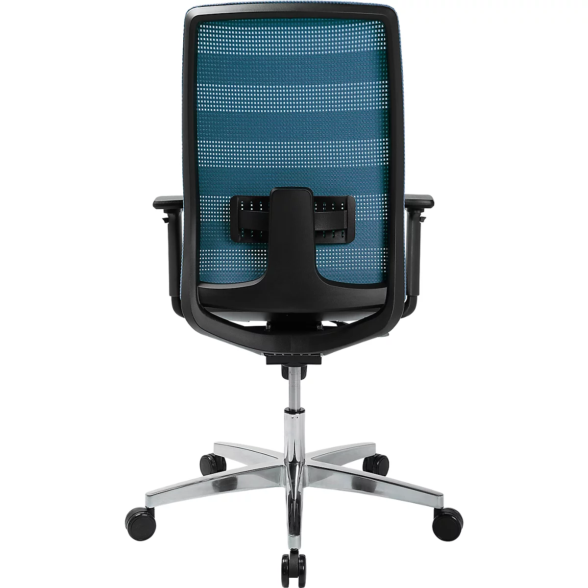 Back view of an office chair with blue mesh back and black frame. Chrome base, with castors.