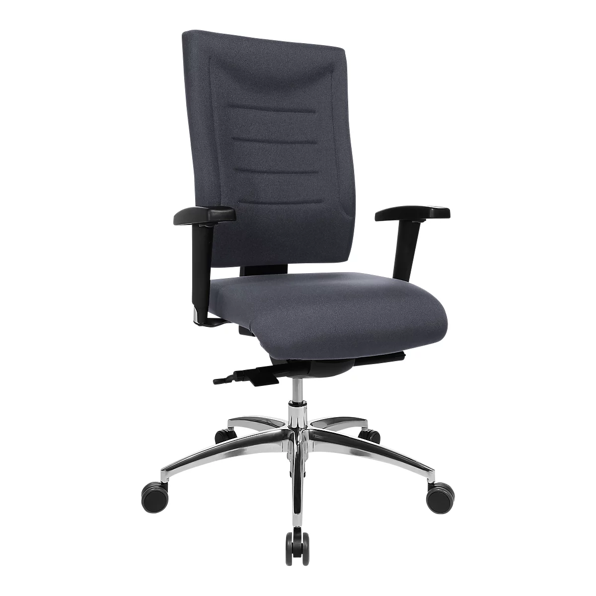 Dark gray office chair with armrests and castors. The chair is pictured against a neutral background.