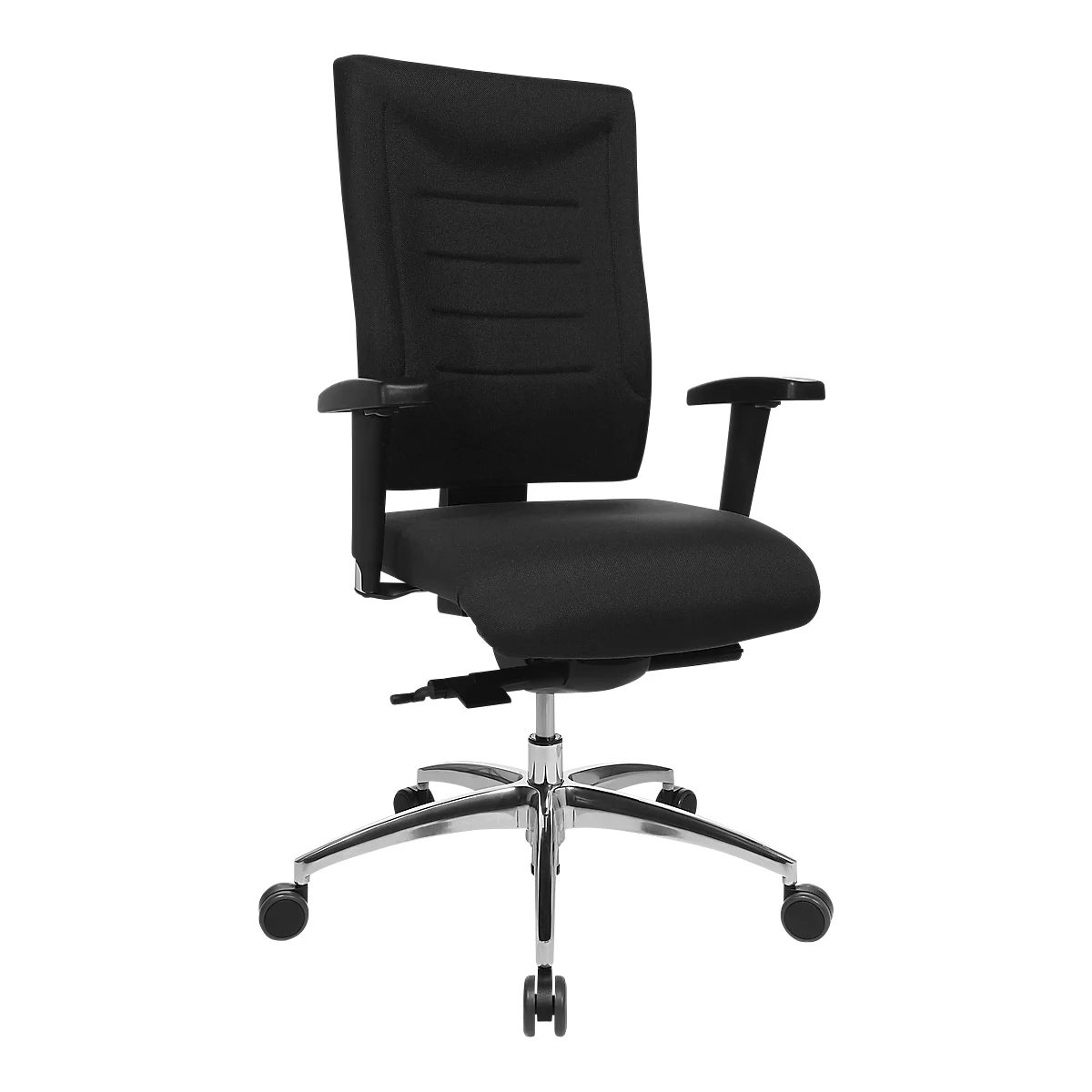 Black office chair with padded backrest, armrests and castors on a chrome frame.
