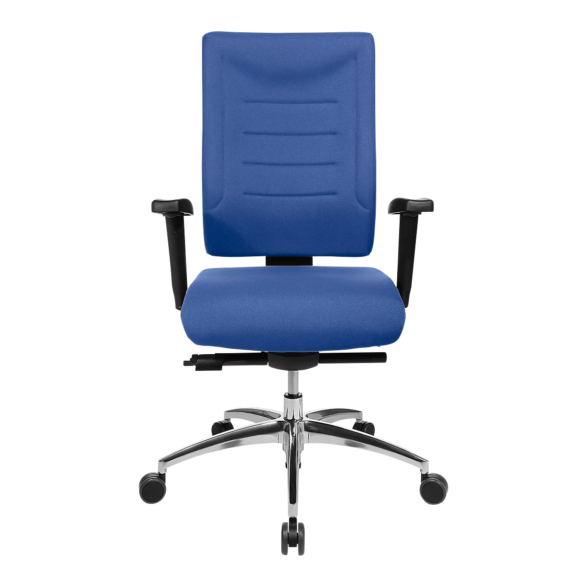 Blue office chair with armrests and casters.