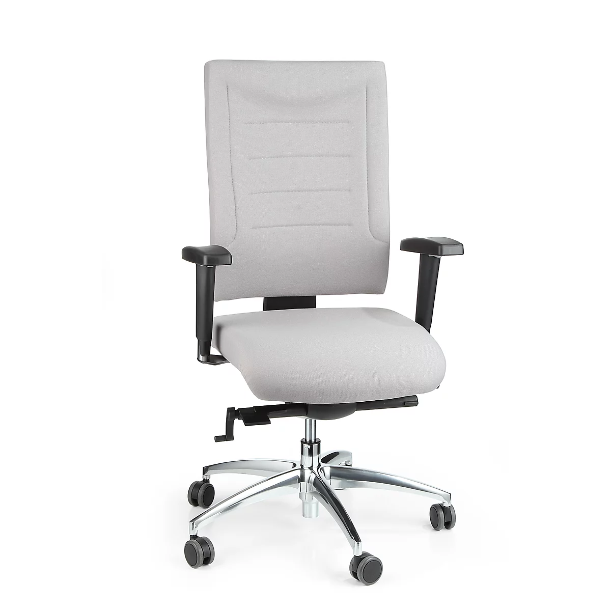 Grey office chair with armrests. It has a silver frame, casters, and a high backrest.