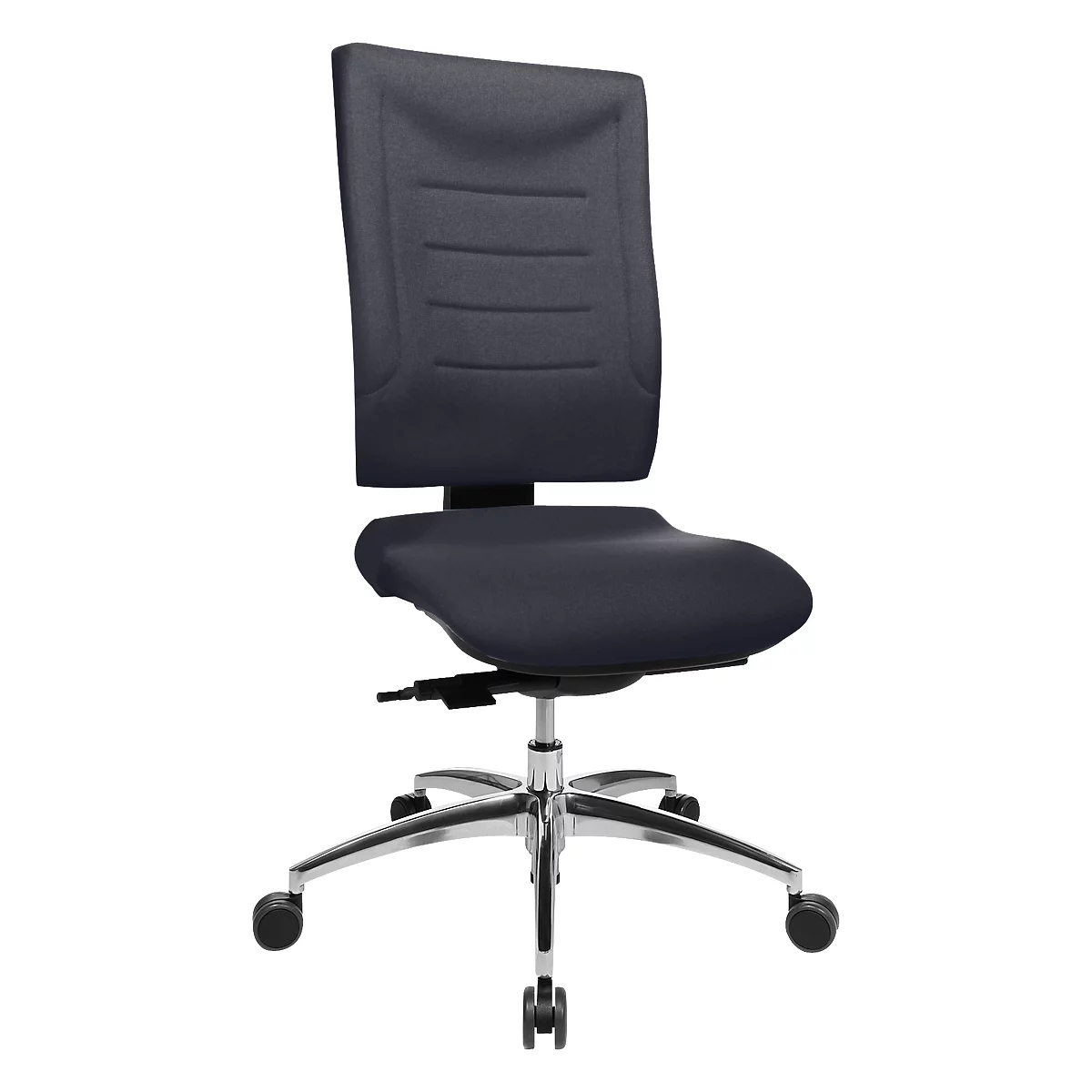 Black office chair, ergonomically shaped, with adjustable backrest and castors.