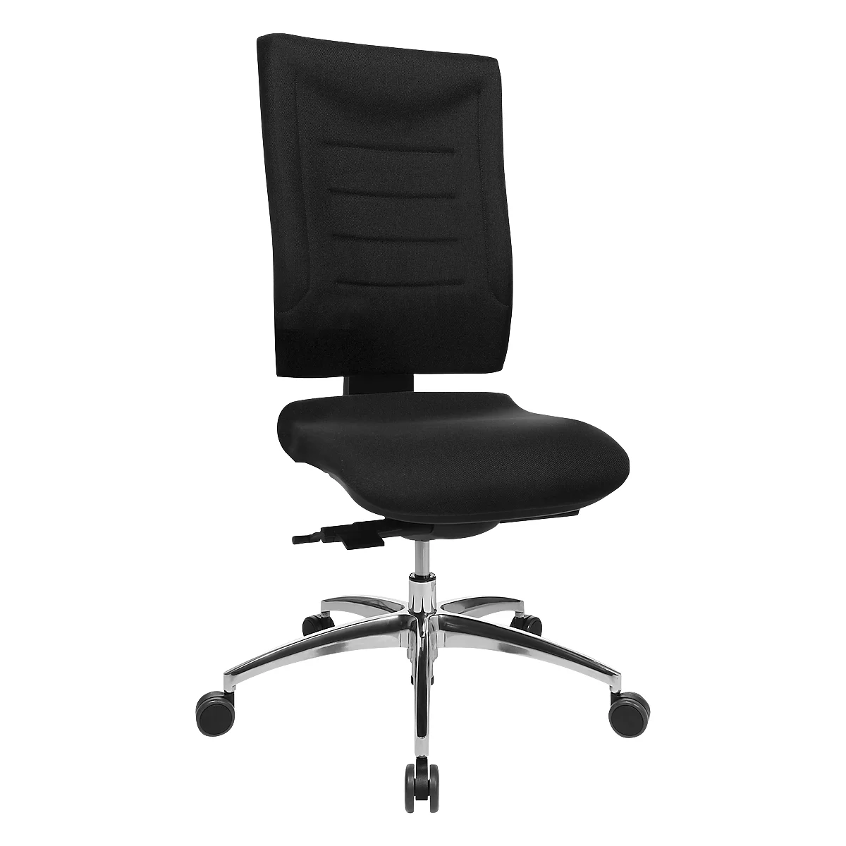 Black office chair, ergonomically shaped, adjustable. Five castors on the chrome base, with backrest and seat.