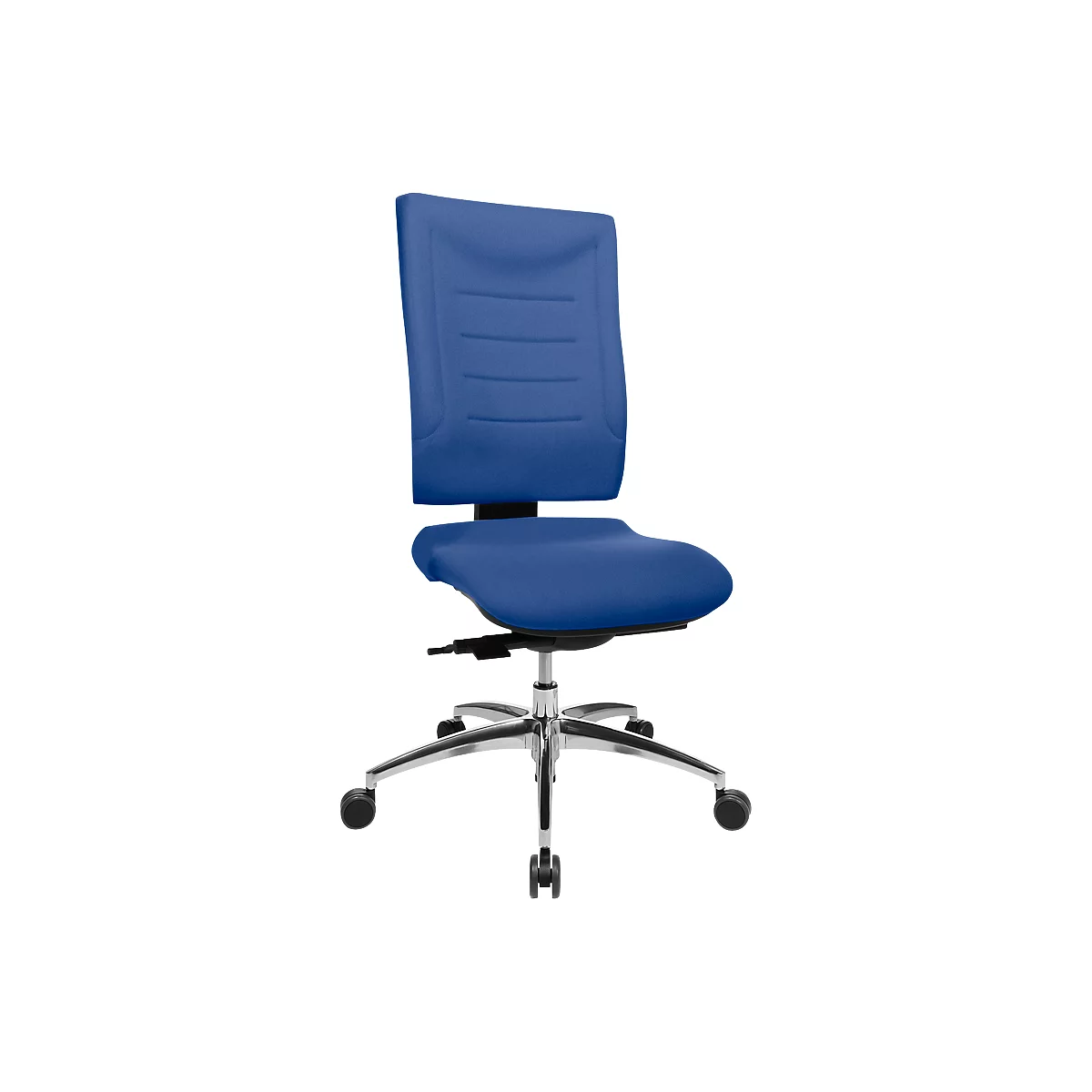 Blue office chair. Padded backrest with horizontal seams, curved seat, chrome-colored frame.