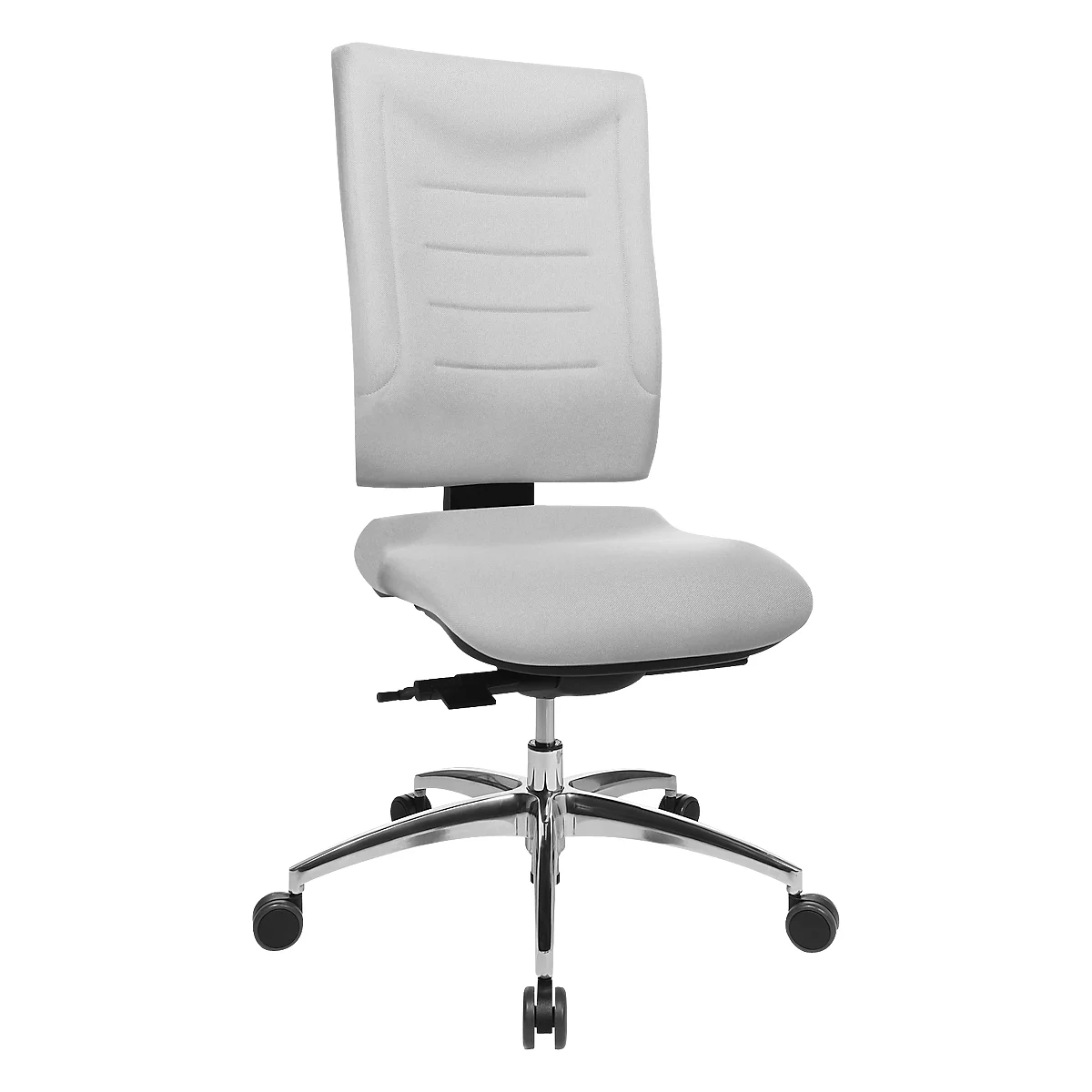 A white office chair with a padded backrest and seat. The frame is chrome-colored with five wheels.