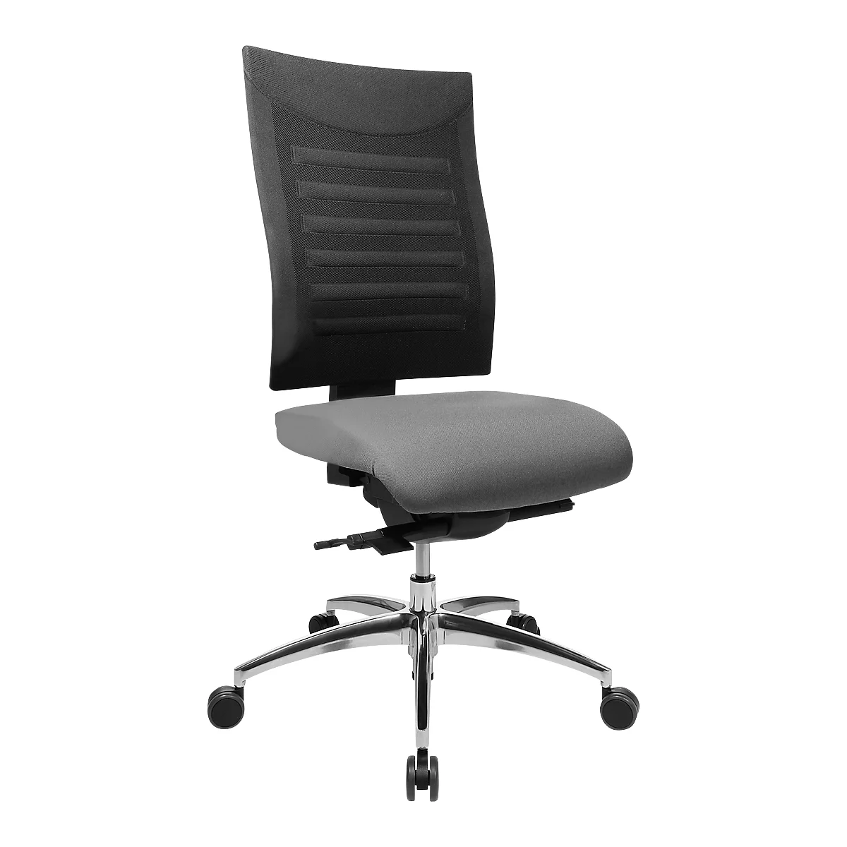Office chair with grey seat, black mesh back and chrome frame. Four wheels.