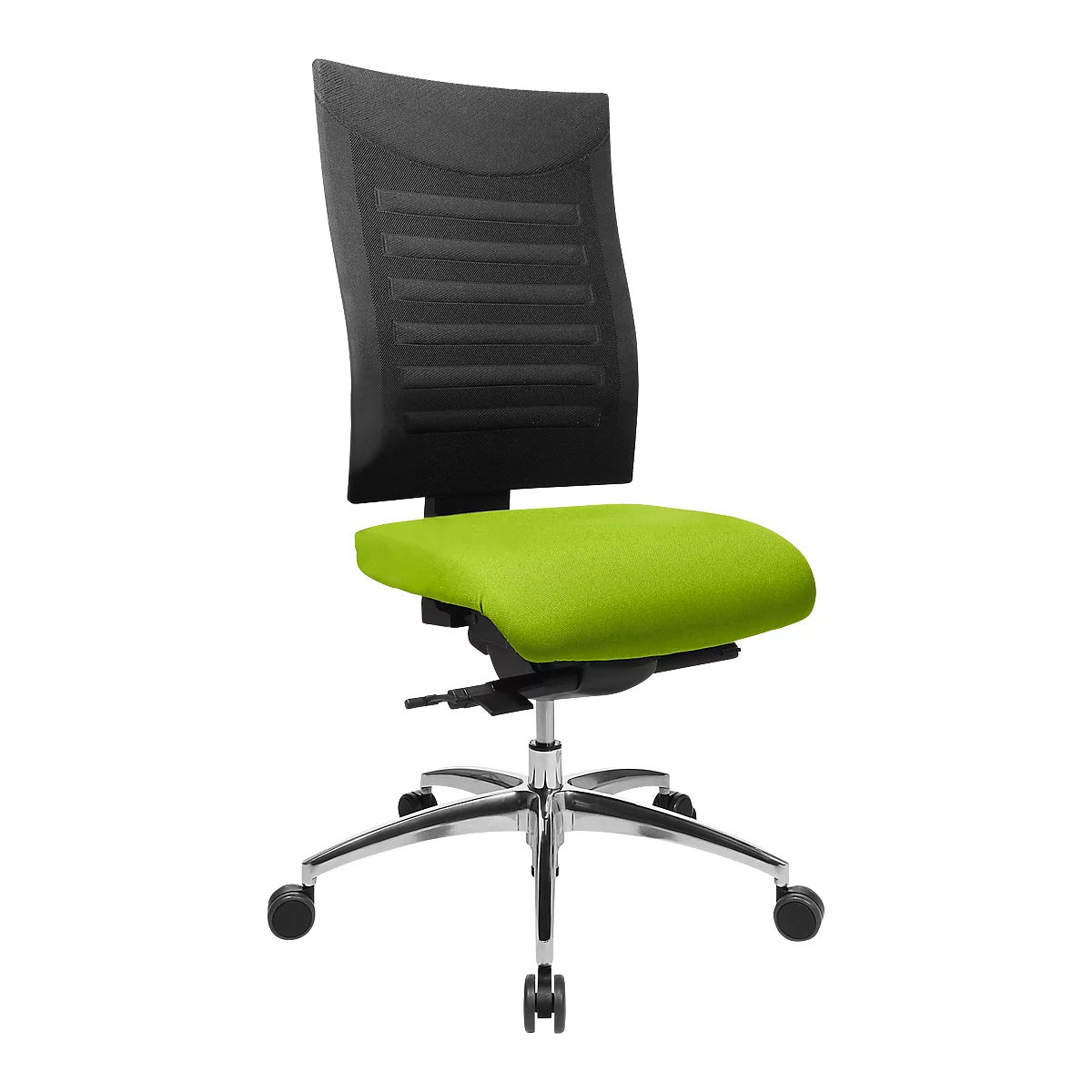 Office chair with black, perforated backrest and light green seat, on a silver frame with castors.