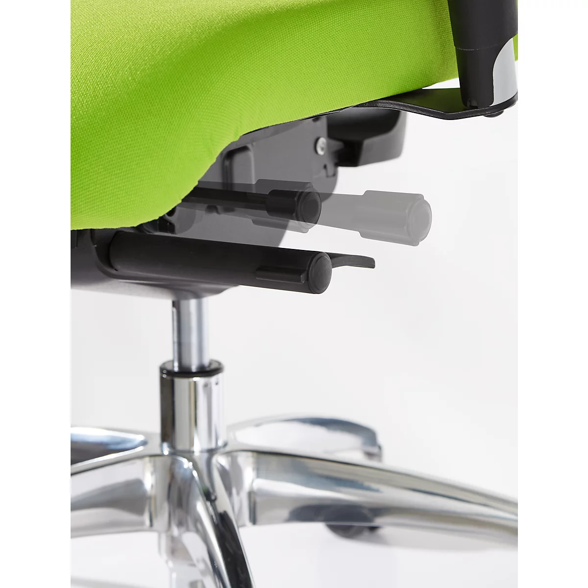Close-up of an office chair. The chair has a green seat, black frame and a chrome-plated base.