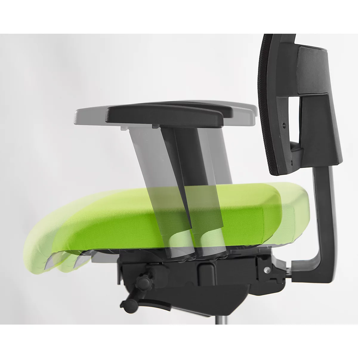 Detail shot of an office chair: The green seat is shown in various positions, with visible armrests and backrest.