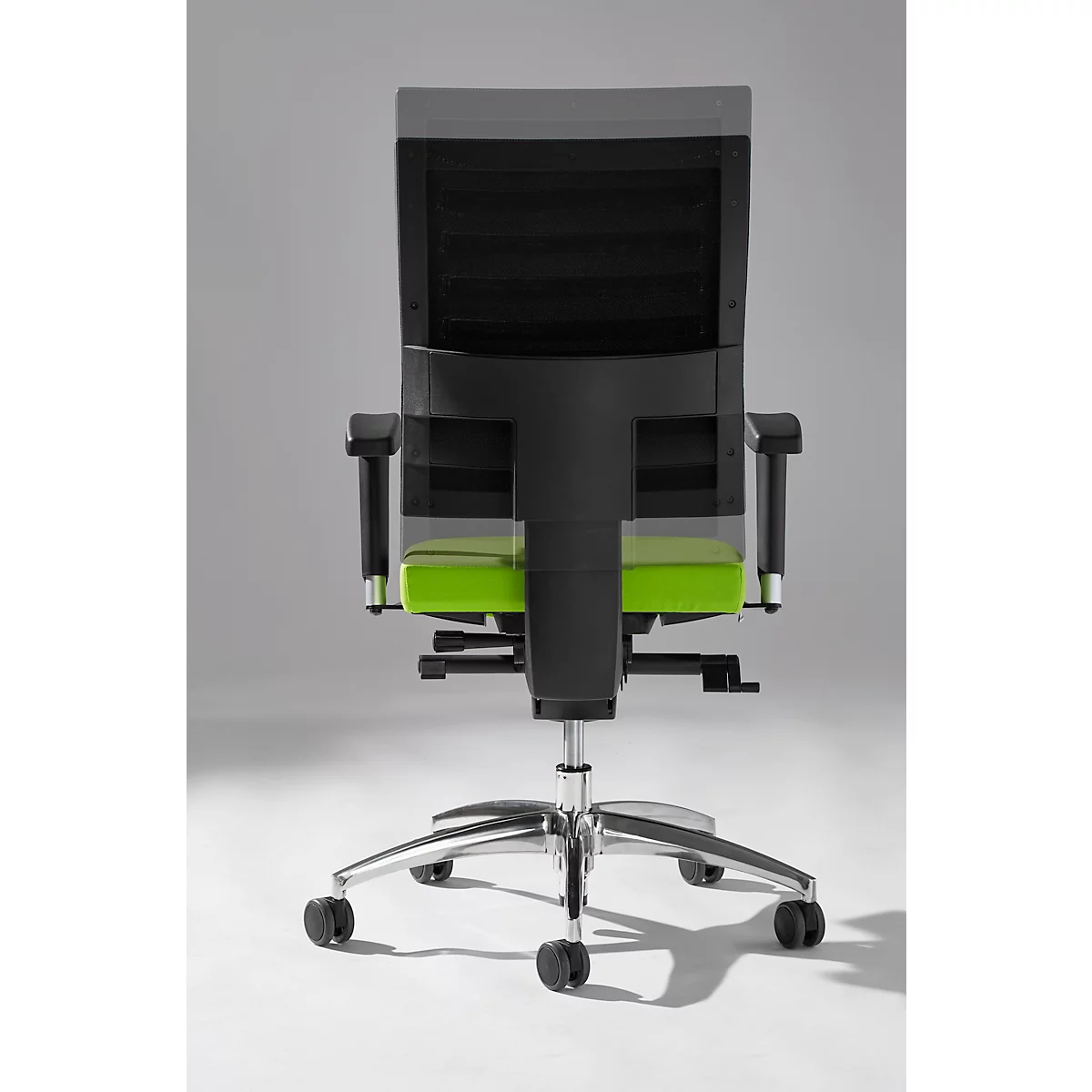 Office chair with black back, green seat, and silver base. Rear view against a neutral background.