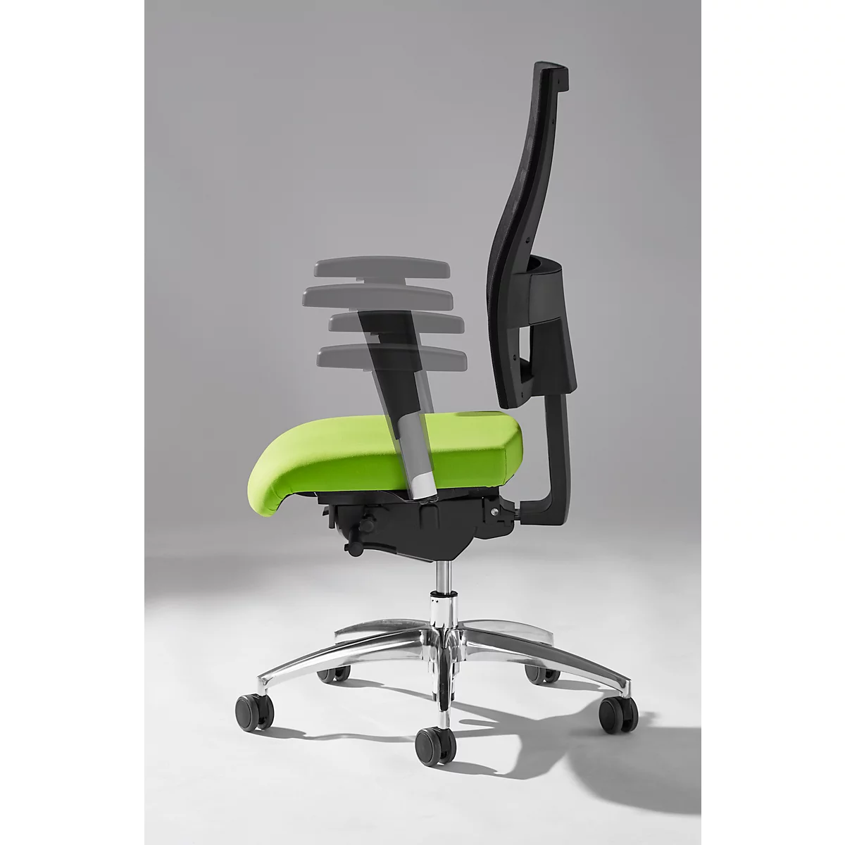Office chair with bright green seat, black backrest, and silver wheels, side view.