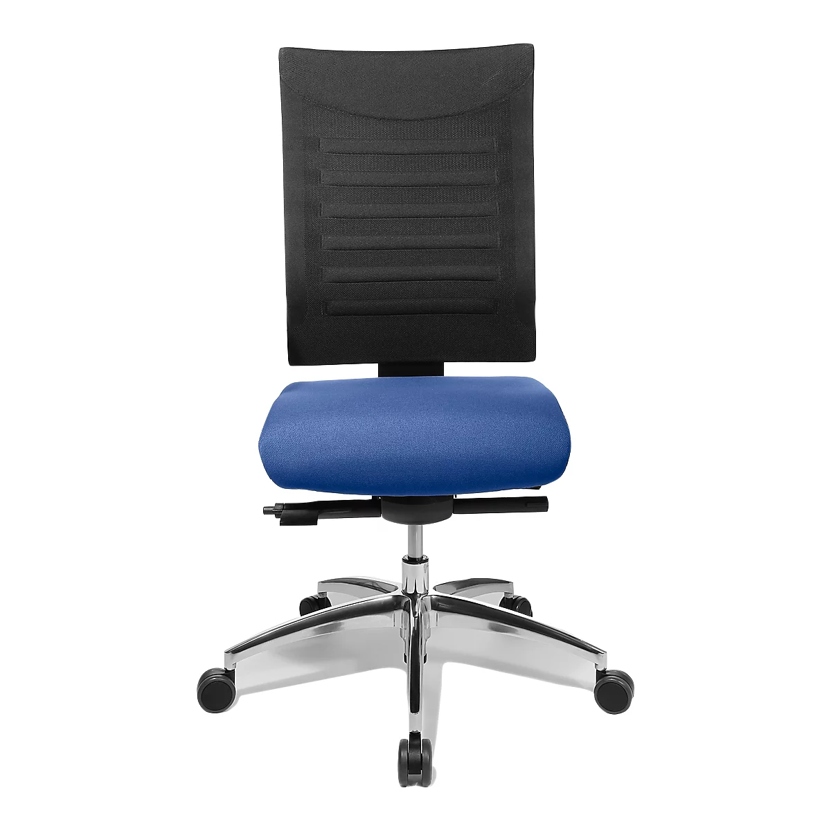 Office chair with blue seat and black backrest. Five-legged, chrome-colored frame with castors. The chair is pictured from behind.