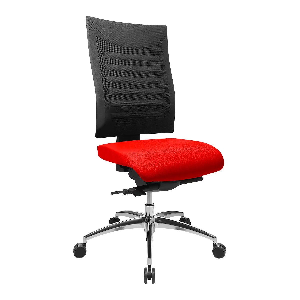 Office chair, black and red fabric, silver frame, castors.
