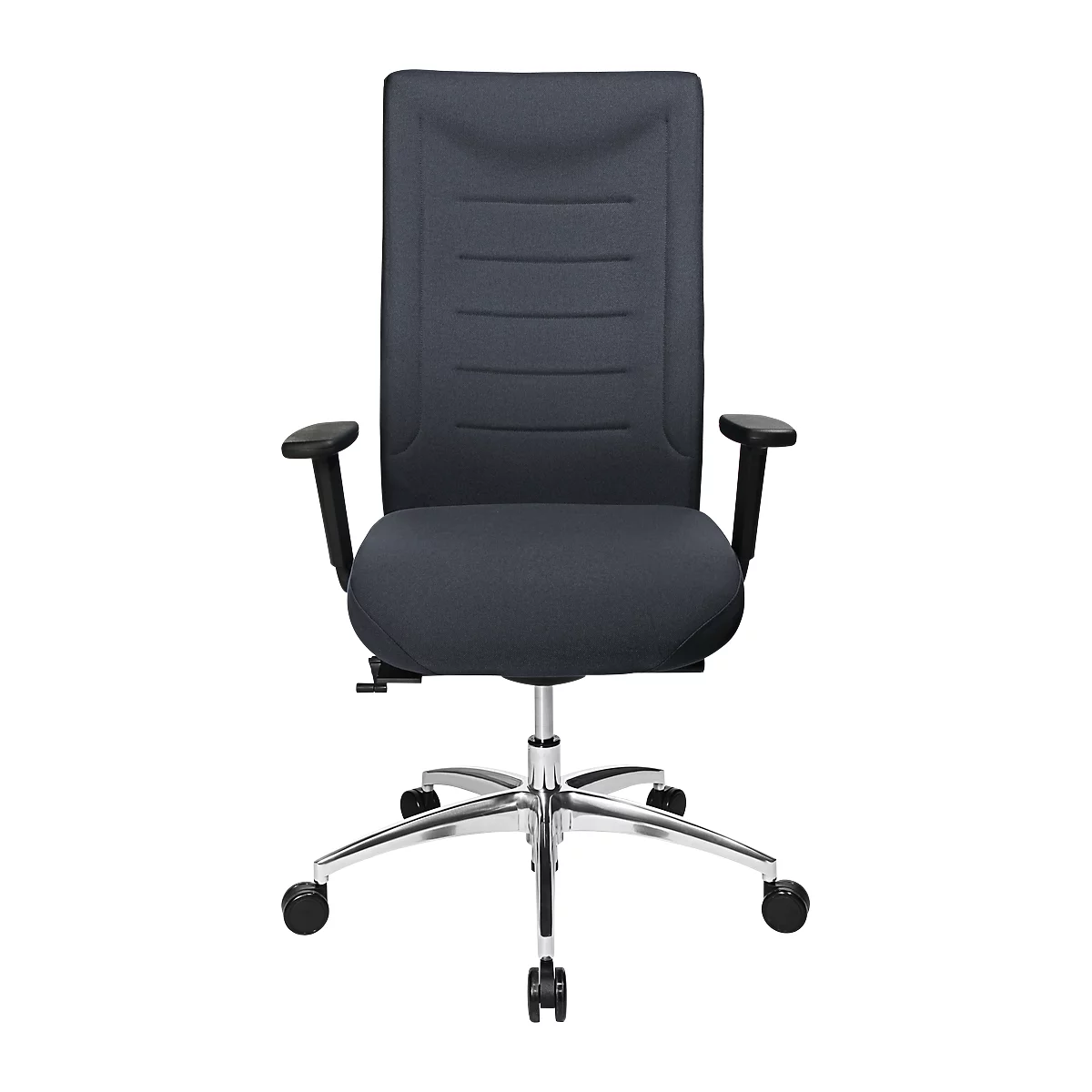 Black office chair with armrests and wheels. The backrest is high and padded, the base is chrome.