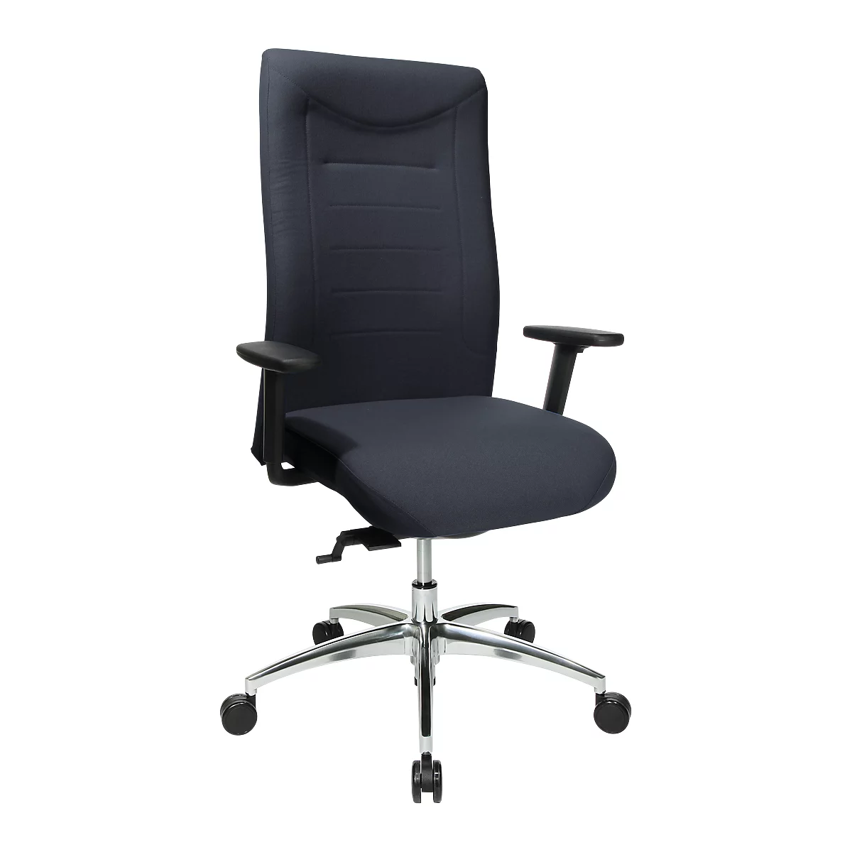 Dark blue office chair, adjustable armrests, on a silver base with casters.