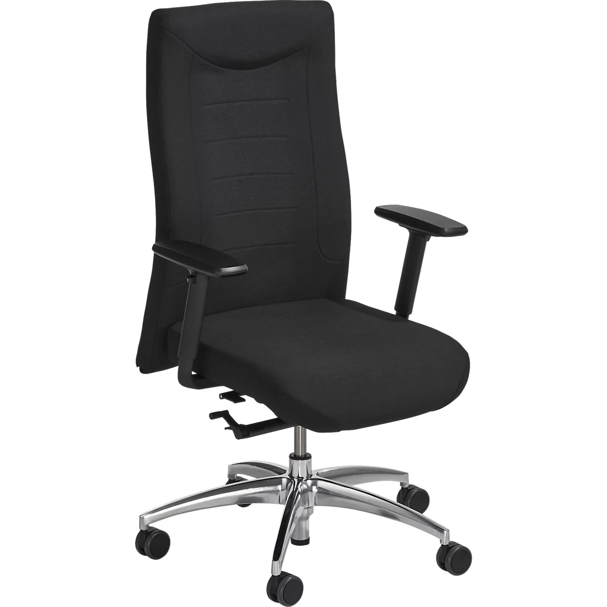 Black office chair with high backrest and armrests. Chrome base with castors.