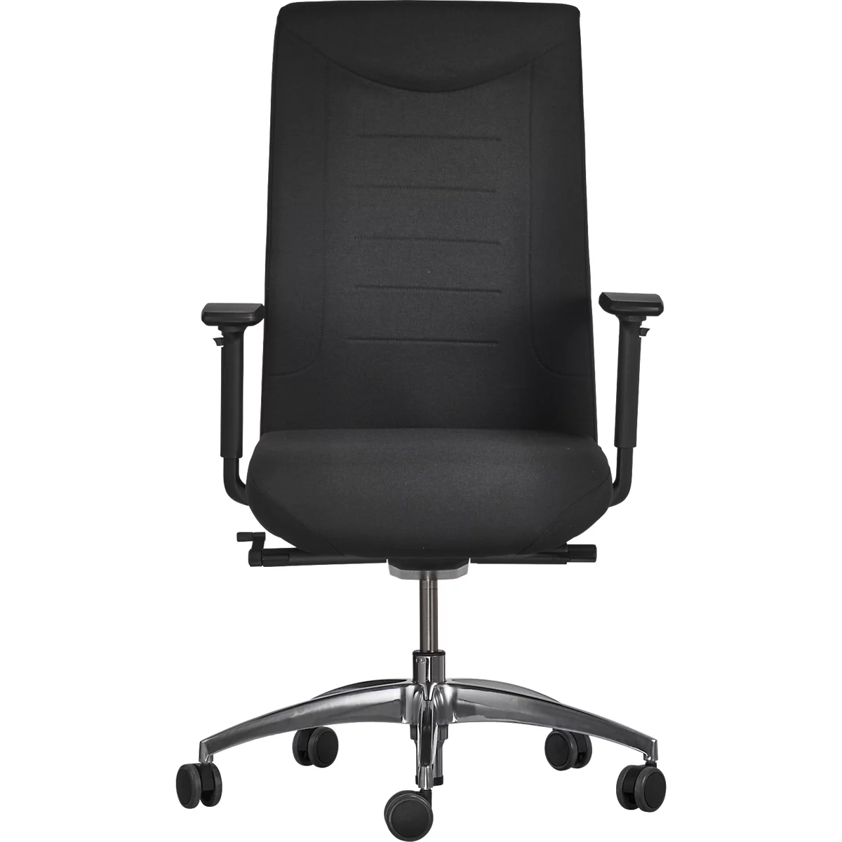 Black office chair, high back, armrests, on wheels, metal frame. Vertical lines on the backrest.