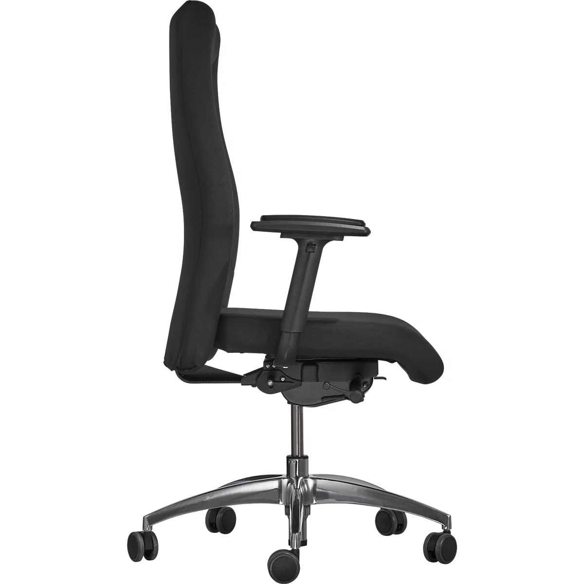 Black office chair, side view. High backrest, armrests, five wheels, silver frame.