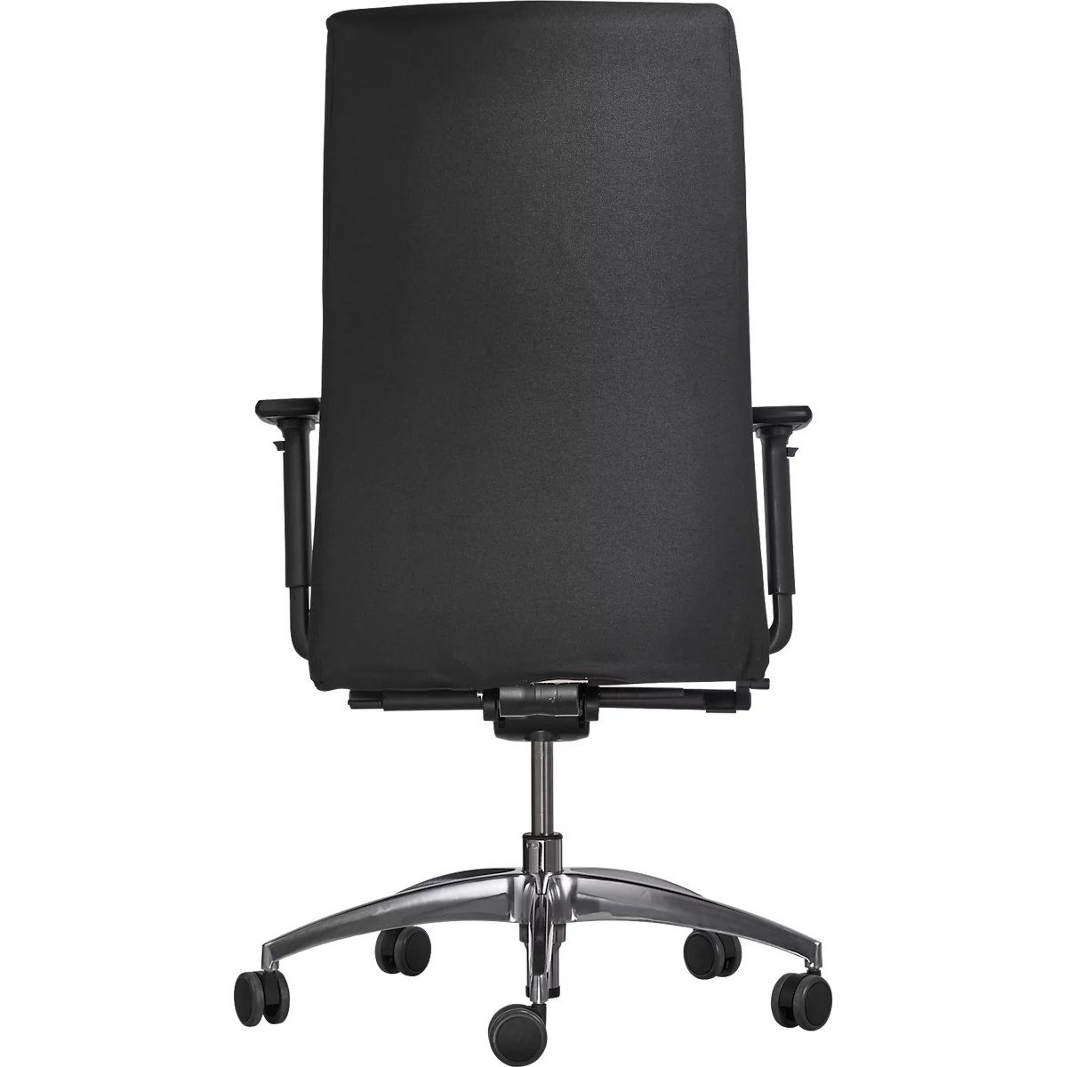 Rear view of a black office chair. The chair has a high back, armrests, and a silver base with wheels.