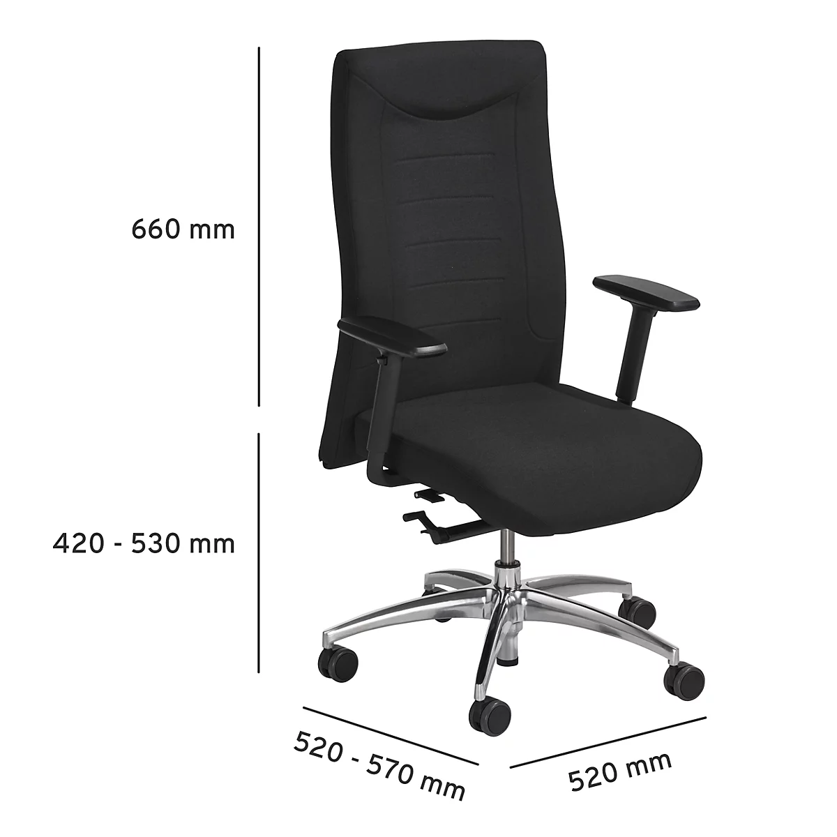 Black office chair, dimensions in mm: 660 (height), 420-530, 520-570 (width), 520.
