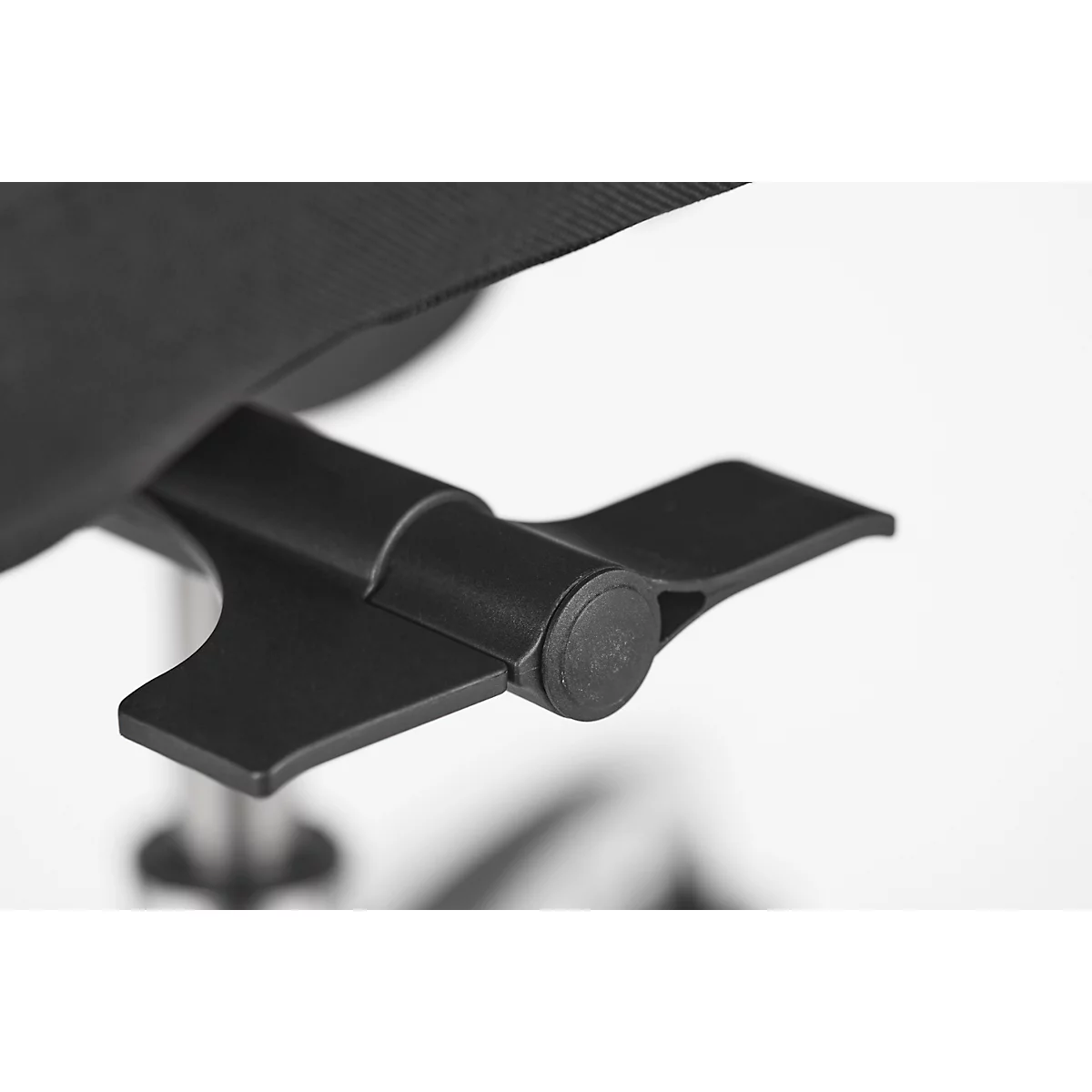 Detail shot of a black chair mechanism. A cylindrical connector, with wing-like extensions on both sides.