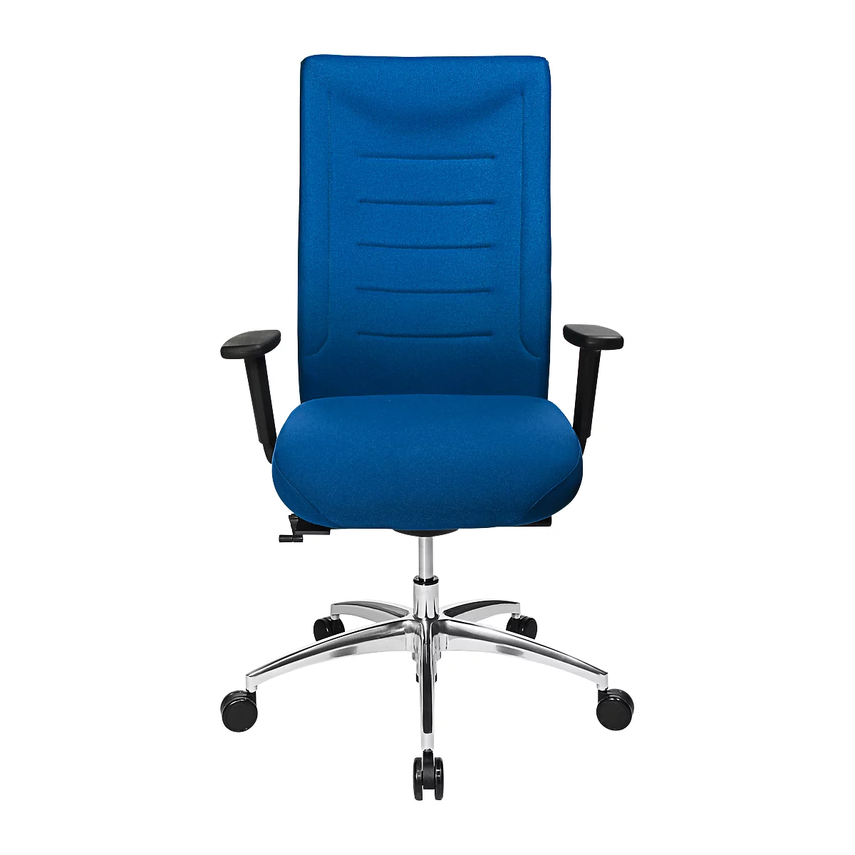 Blue office chair with armrests and silver legs on wheels. The backrest has horizontal seams.
