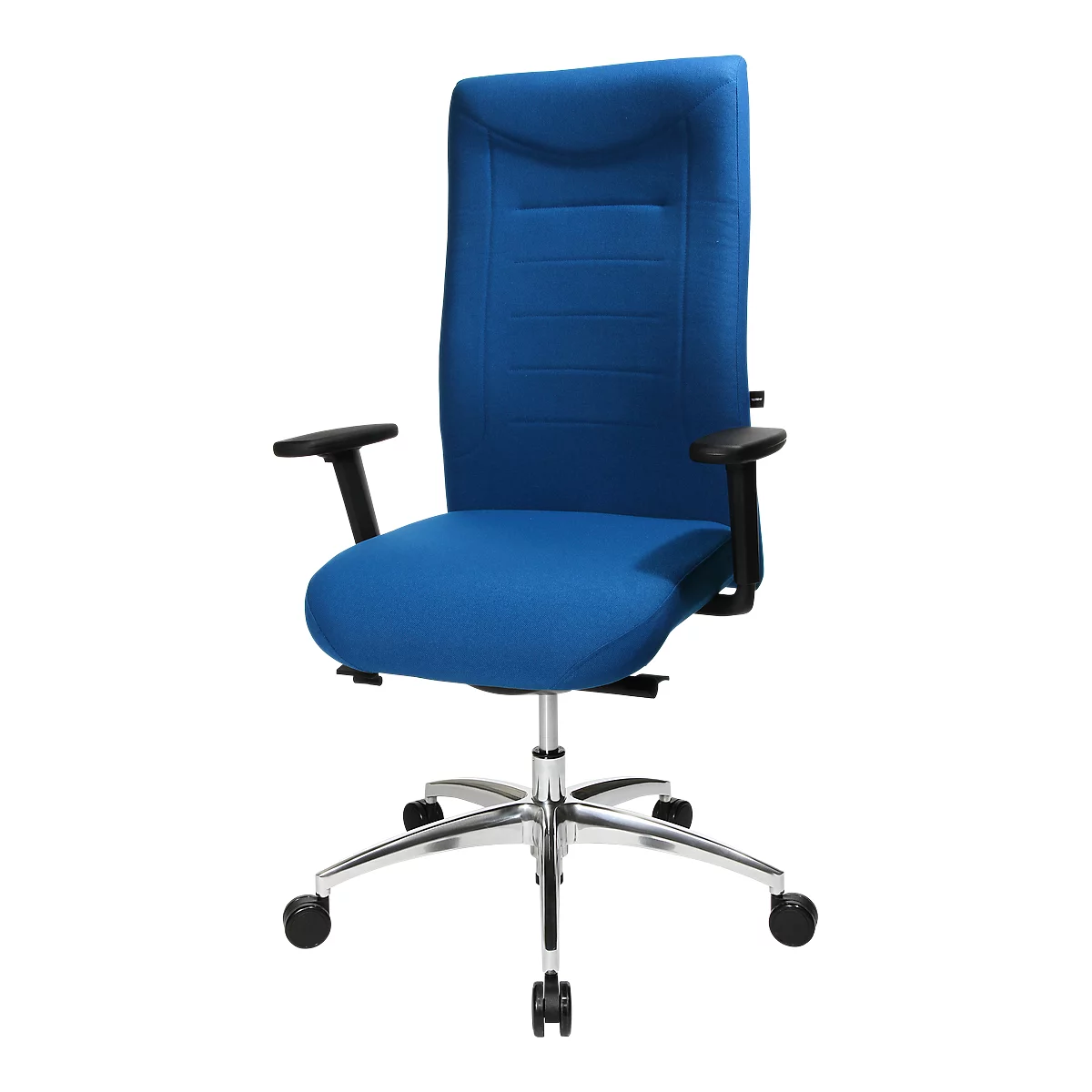 Blue office chair with high back, black armrests and silver base.