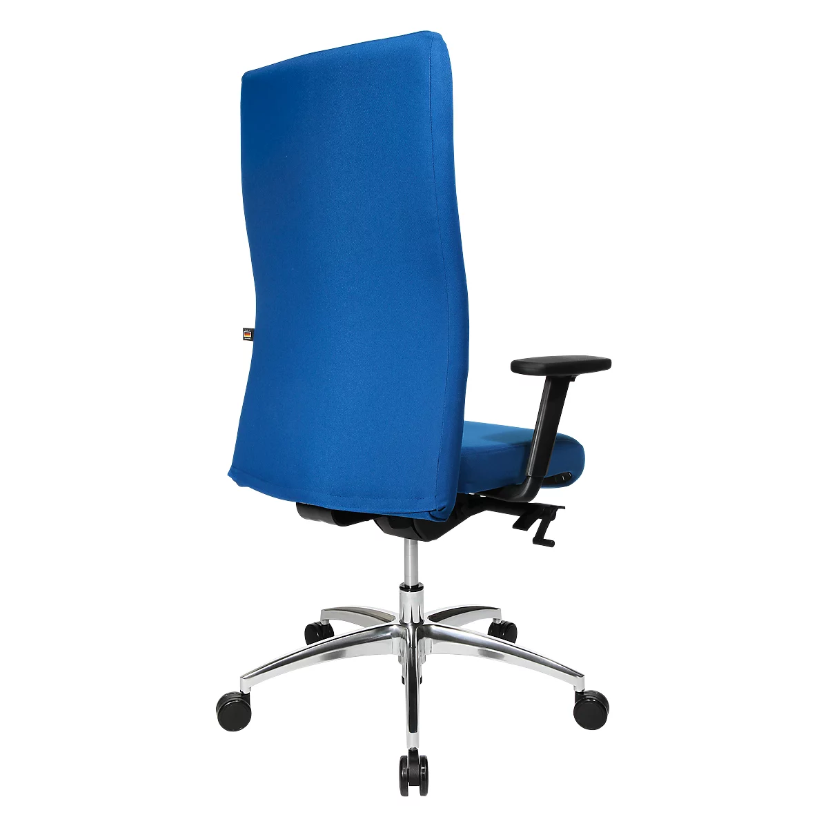 View of a blue office chair, high back, black armrests, and silver frame.