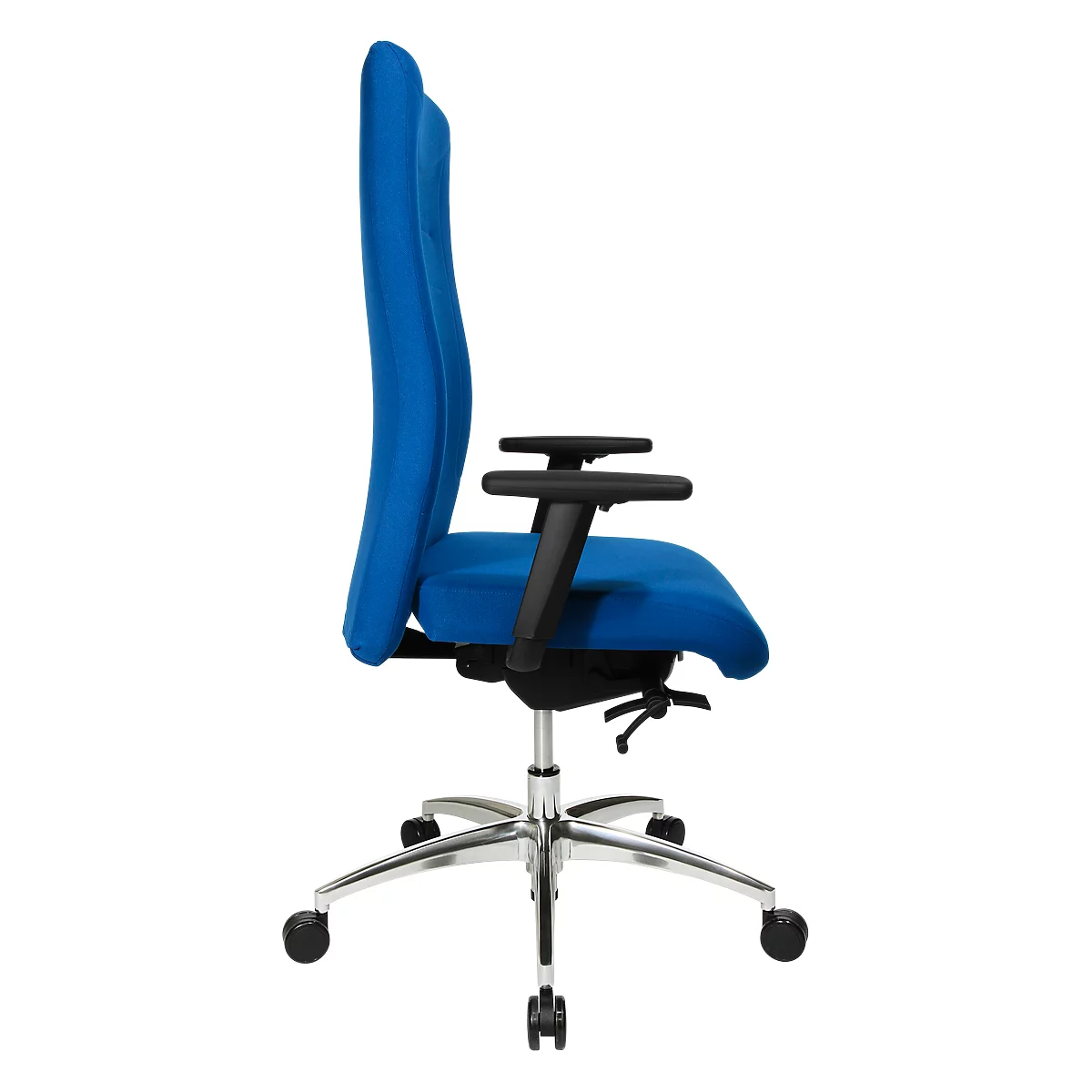 Blue office chair, side view. High backrest, armrests, silver base with wheels.