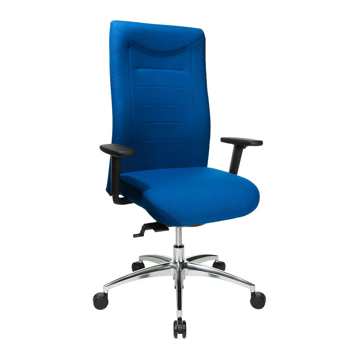 Blue office chair. Back and seat are blue, armrests black, frame silver. On castors.
