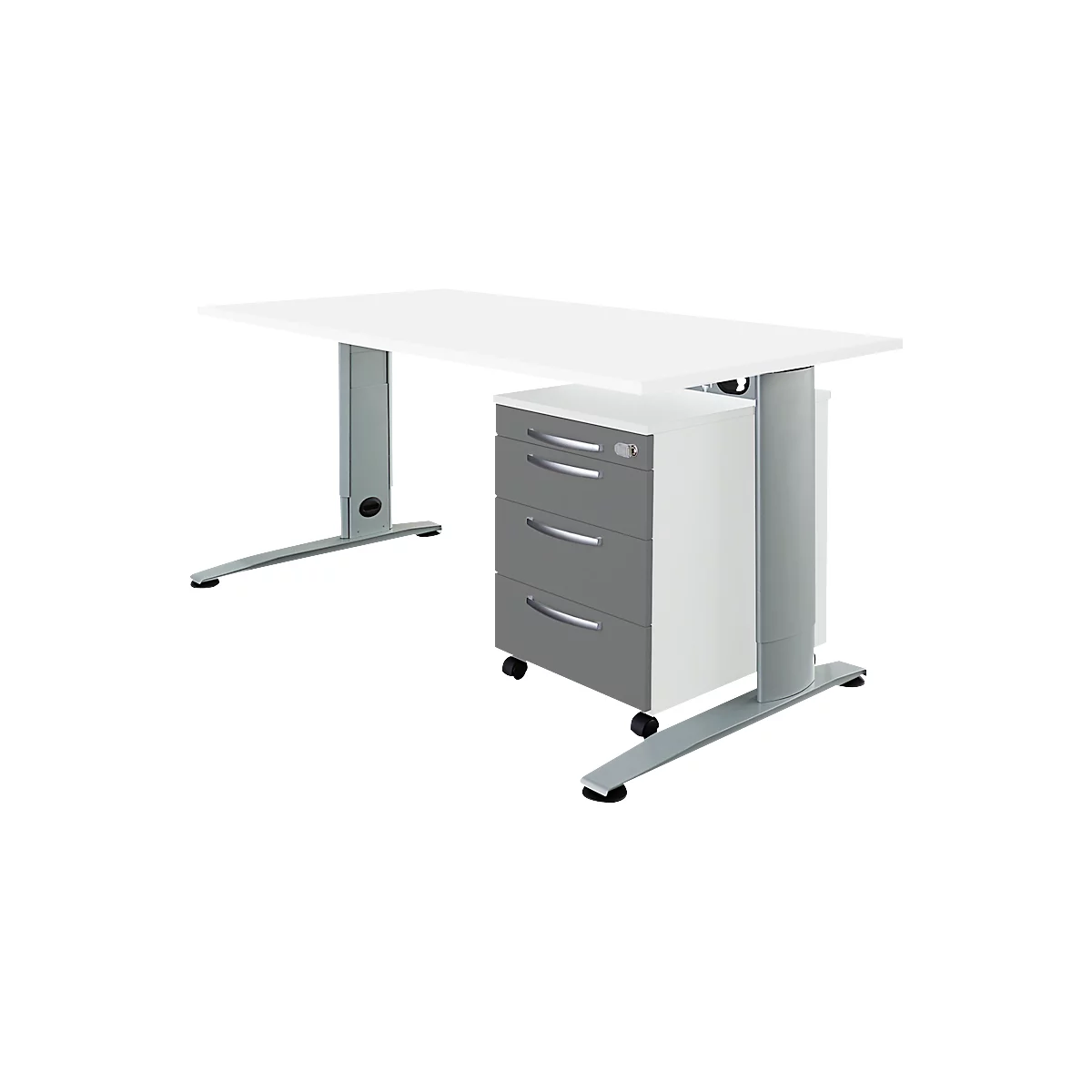 White desk with gray container and height-adjustable legs on a white background.