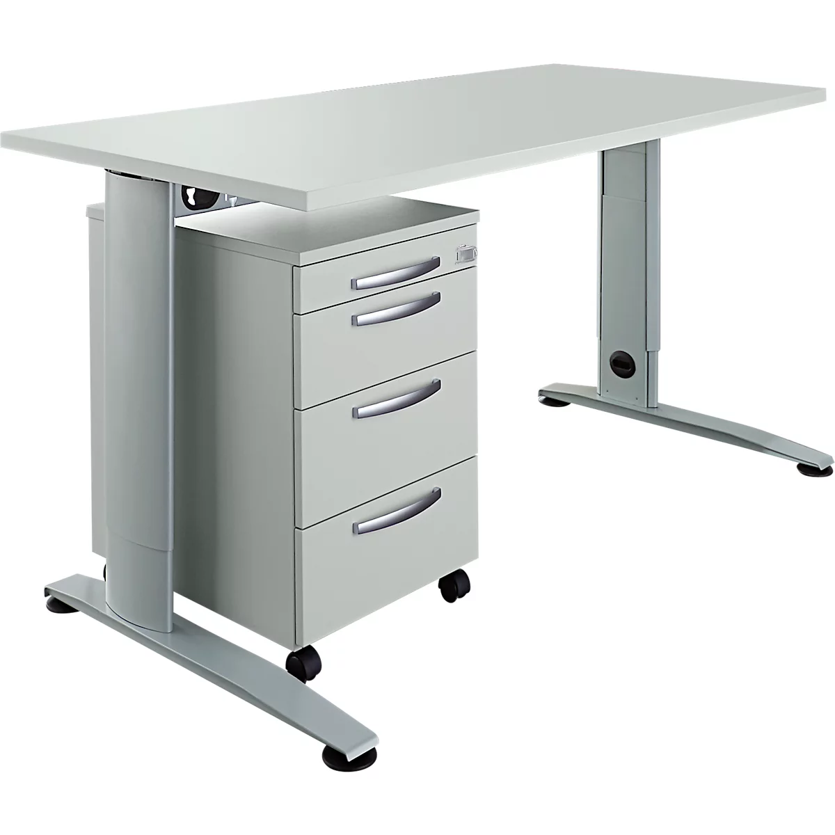 Desk with height-adjustable legs and a mobile pedestal with three drawers.
